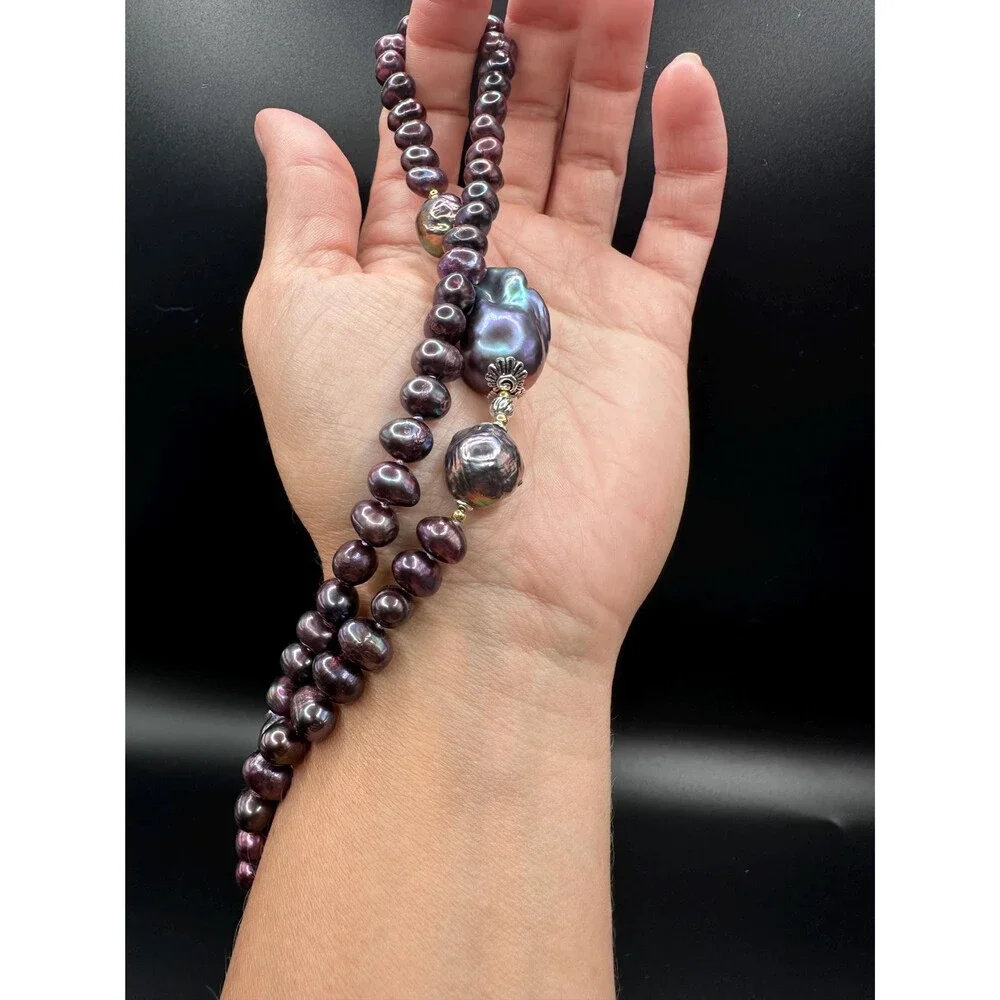 Baroque purple pearl necklace 925 sterling silver bi metal gold and silver jewel